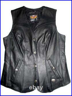 Harley Davidson Black Leather Long Vest Women's L Tall Longer Length Snap Up VTG
