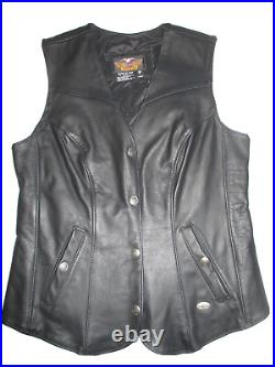 Harley Davidson Black Leather Vest Women's L Long Tall Longer Length Snap Up VTG