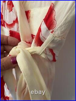 New Ganni Harley Crepe Cream & Red Floral Design Knee Length Wrap Dress, 42, UK14