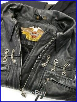 Vintage Harley Davidson Black Leather Jacket Womens Medium 3/4 Length Chain link